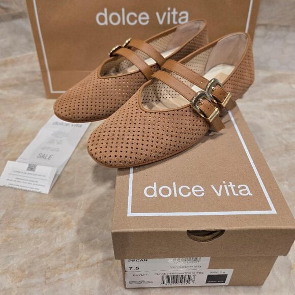 Dolce Vita WORN ONCE Baylee Ballet Flats Pecan Perforated Suede Mary Jane EUC - Picture 1 of 11